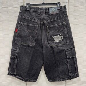 VintageY2K SouthPole Men Distressed Black Embroidered Multipocket Jean Shorts 32